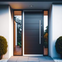 Modern door, metal and glass entryway to a house, Generative AI